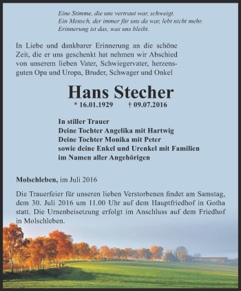 Traueranzeige von Hans Stecher von Ostthüringer Zeitung, Thüringische Landeszeitung