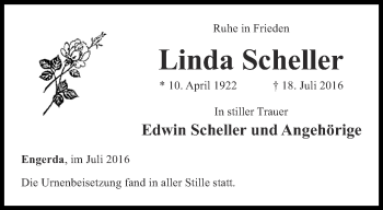 Traueranzeige von Linda Scheller von Ostthüringer Zeitung