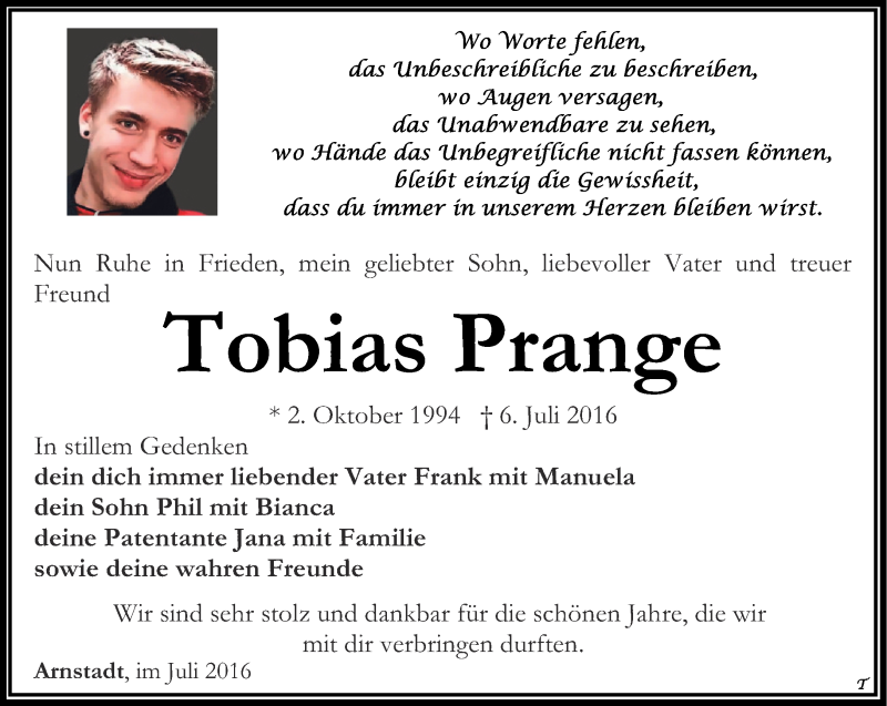  Traueranzeige für Tobias Prange vom 18.07.2016 aus Thüringer Allgemeine