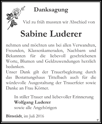 Traueranzeige von Sabine Luderer von Thüringer Allgemeine