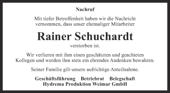 Traueranzeige von Rainer Schuchardt von Ostthüringer Zeitung, Thüringische Landeszeitung