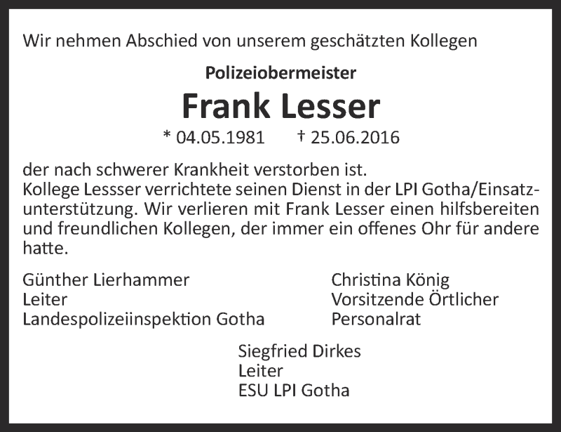  Traueranzeige für Frank Lesser vom 02.07.2016 aus Ostthüringer Zeitung, Thüringische Landeszeitung
