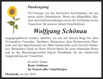 Traueranzeige von Wolfgang Schönau von Thüringer Allgemeine, Thüringische Landeszeitung