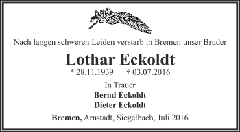 Traueranzeige von Lothar Eckoldt von Thüringer Allgemeine