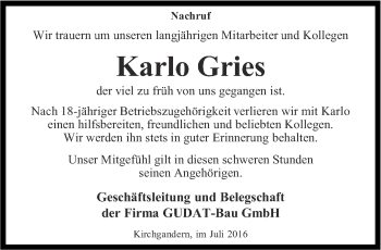Traueranzeige von Karlo Gries von Thüringer Allgemeine