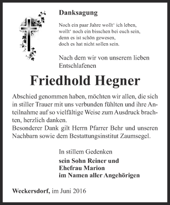 Traueranzeige von Friedhold Hegner von Ostthüringer Zeitung