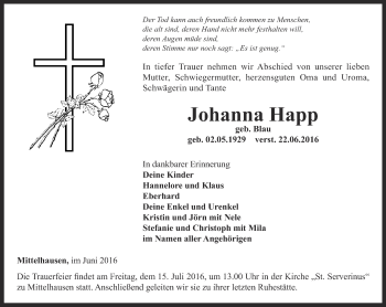 Traueranzeige von Johanna Happ von Thüringer Allgemeine, Thüringische Landeszeitung