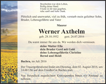 Traueranzeige von Werner Axthelm von Thüringer Allgemeine
