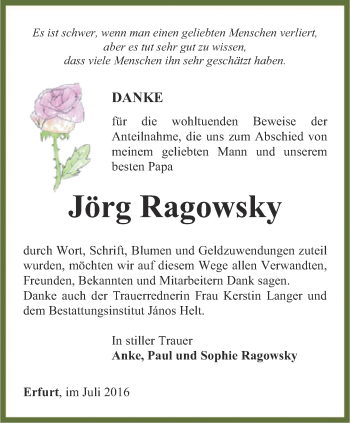 Traueranzeige von Jörg Ragowsky von Thüringer Allgemeine, Thüringische Landeszeitung