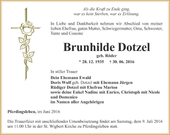 Traueranzeige von Brunhilde Dotzel von Ostthüringer Zeitung, Thüringische Landeszeitung