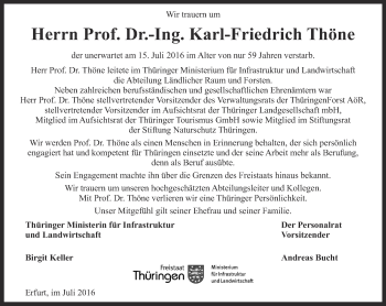 Traueranzeige von Karl-Friedrich Thöne von Thüringer Allgemeine, Thüringische Landeszeitung, Ostthüringer Zeitung