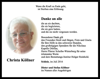 Traueranzeige von Christa Köllner von Ostthüringer Zeitung