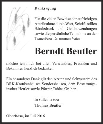 Traueranzeige von Berndt Beutler von Thüringer Allgemeine