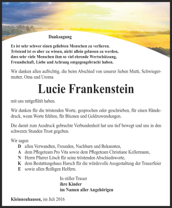 Traueranzeige von Lucie Frankenstein von Thüringer Allgemeine