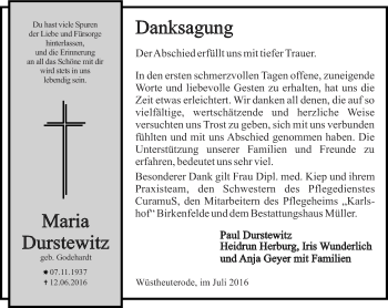 Traueranzeige von Maria Durstewitz von Thüringer Allgemeine