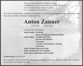 Traueranzeige von Anton Zauner von Thüringer Allgemeine, Thüringische Landeszeitung