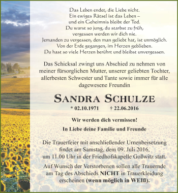 Traueranzeige von Sandra Schulze von Ostthüringer Zeitung