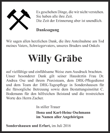 Traueranzeige von Willy Gräbe von Thüringer Allgemeine