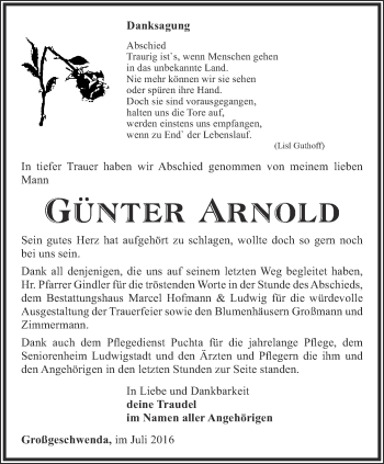 Traueranzeige von Günter Arnold von Ostthüringer Zeitung