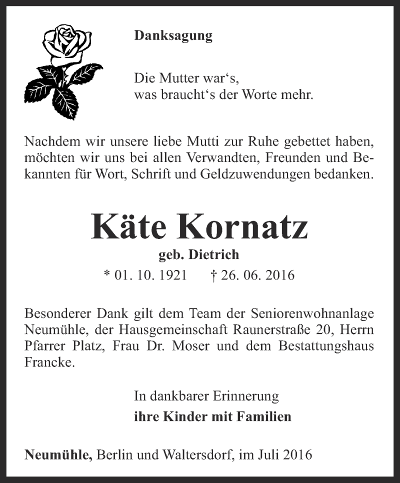  Traueranzeige für Käte Kornatz vom 06.07.2016 aus Ostthüringer Zeitung