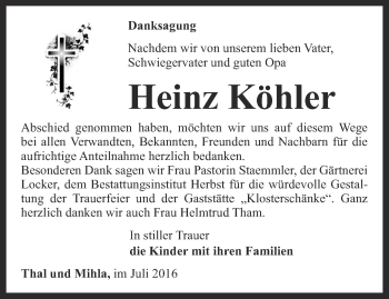 Traueranzeige von Heinz Köhler von Thüringer Allgemeine, Thüringische Landeszeitung