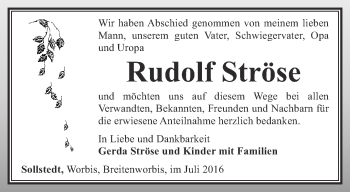 Traueranzeige von Rudolf Ströse von Thüringer Allgemeine
