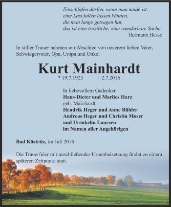 Traueranzeige von Kurt Mainhardt von Ostthüringer Zeitung