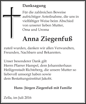 Traueranzeige von Anna Ziegenfuß von Thüringer Allgemeine