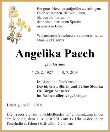 Traueranzeige von Angelika Paech von Ostthüringer Zeitung