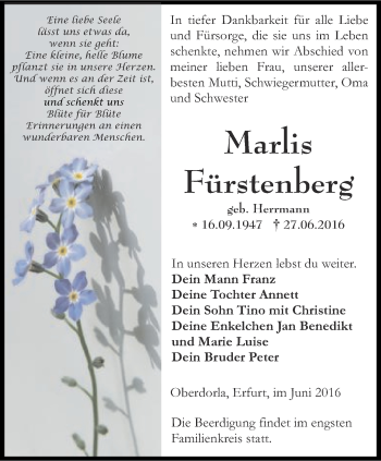 Traueranzeige von Marlis Fürstenberg von Thüringer Allgemeine, Thüringische Landeszeitung