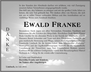 Traueranzeige von Ewald Franke von Ostthüringer Zeitung