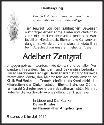 Traueranzeige von Adelbert Zentgraf von Thüringer Allgemeine, Thüringische Landeszeitung