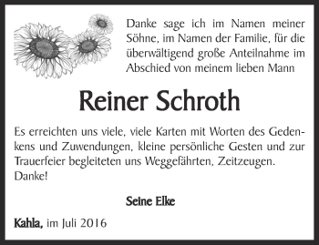 Traueranzeige von Reiner Schroth von Ostthüringer Zeitung, Thüringische Landeszeitung