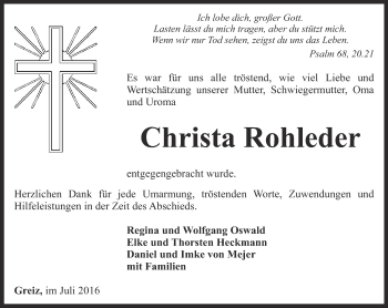 Traueranzeige von Christa Rohleder von Ostthüringer Zeitung