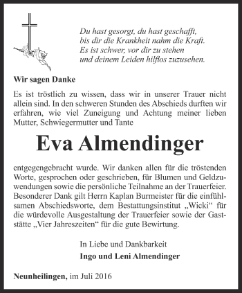 Traueranzeige von Eva Almendinger von Thüringer Allgemeine, Thüringische Landeszeitung