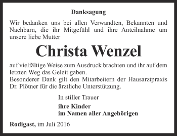 Traueranzeige von Christa Wenzel von Ostthüringer Zeitung