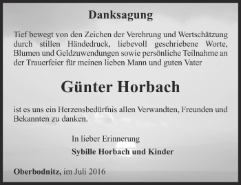 Traueranzeige von Günter Horbach von Ostthüringer Zeitung