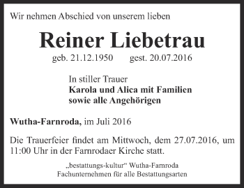 Traueranzeige von Reiner Liebetrau von Thüringer Allgemeine, Thüringische Landeszeitung