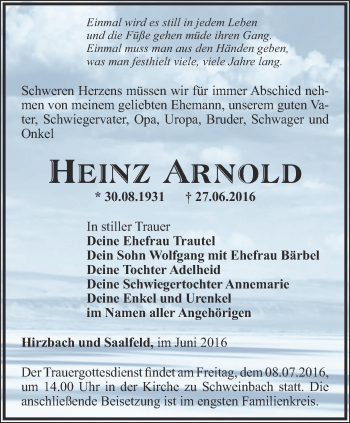 Traueranzeige von Heinz Arnold von Ostthüringer Zeitung