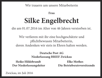 Traueranzeige von Silke Engelbrecht von Ostthüringer Zeitung, Thüringische Landeszeitung