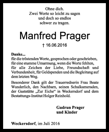 Traueranzeige von Manfred Prager von Ostthüringer Zeitung