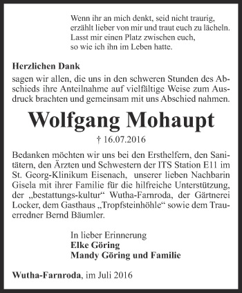 Traueranzeige von Wolfgang Mohaupt von Thüringer Allgemeine, Thüringische Landeszeitung