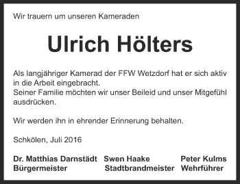 Traueranzeige von Ulrich Hölters von Ostthüringer Zeitung