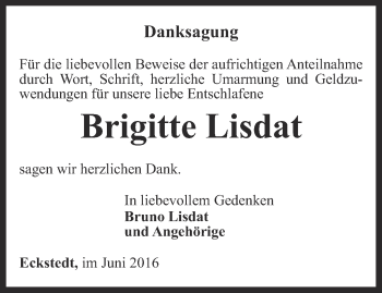 Traueranzeige von Brigitte Lisdat von Thüringer Allgemeine, Thüringische Landeszeitung