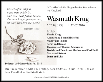 Traueranzeige von Wasmuth Krug von Thüringer Allgemeine