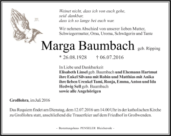 Traueranzeige von Marga Baumbach von Thüringer Allgemeine