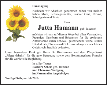 Traueranzeige von Jutta Hamann von Ostthüringer Zeitung