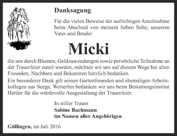 Traueranzeige von Micki  von Thüringer Allgemeine