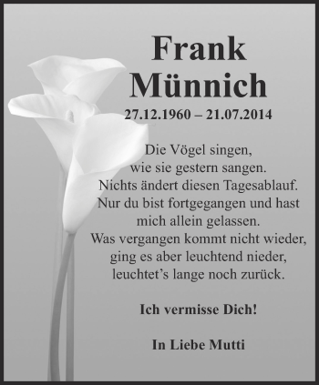 Traueranzeige von Frank Münnich von Thüringer Allgemeine