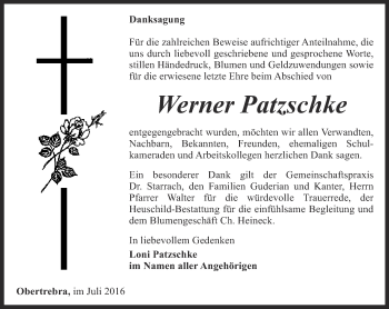 Traueranzeige von Werner Patzschke von Thüringer Allgemeine, Thüringische Landeszeitung